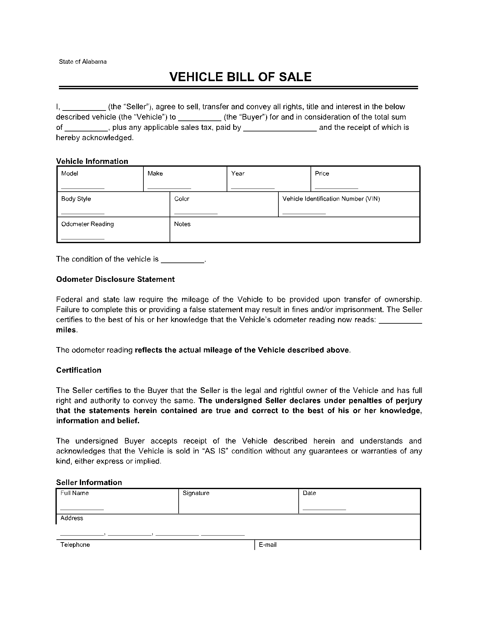 printable bill of sale as is no warranty