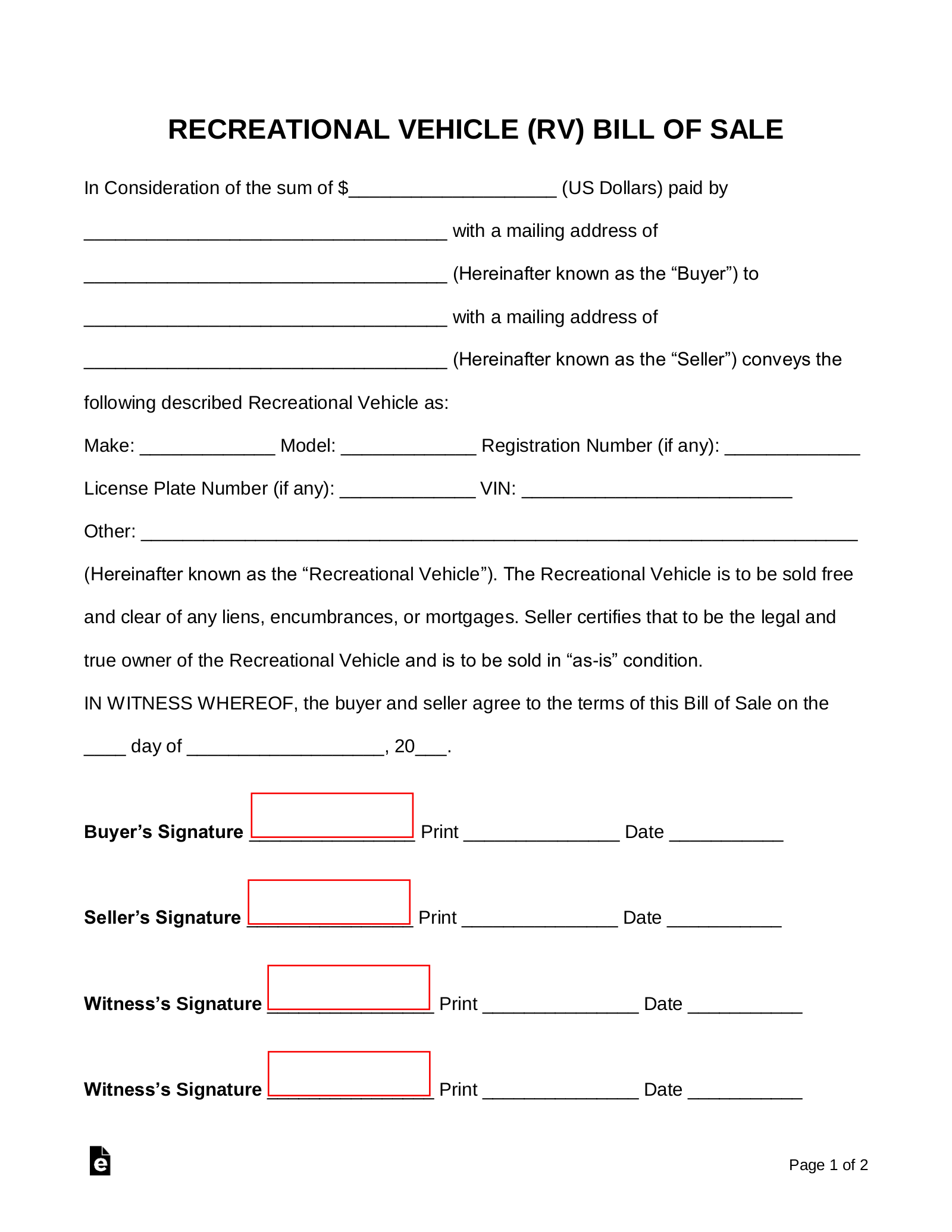 printable bill of sale camper