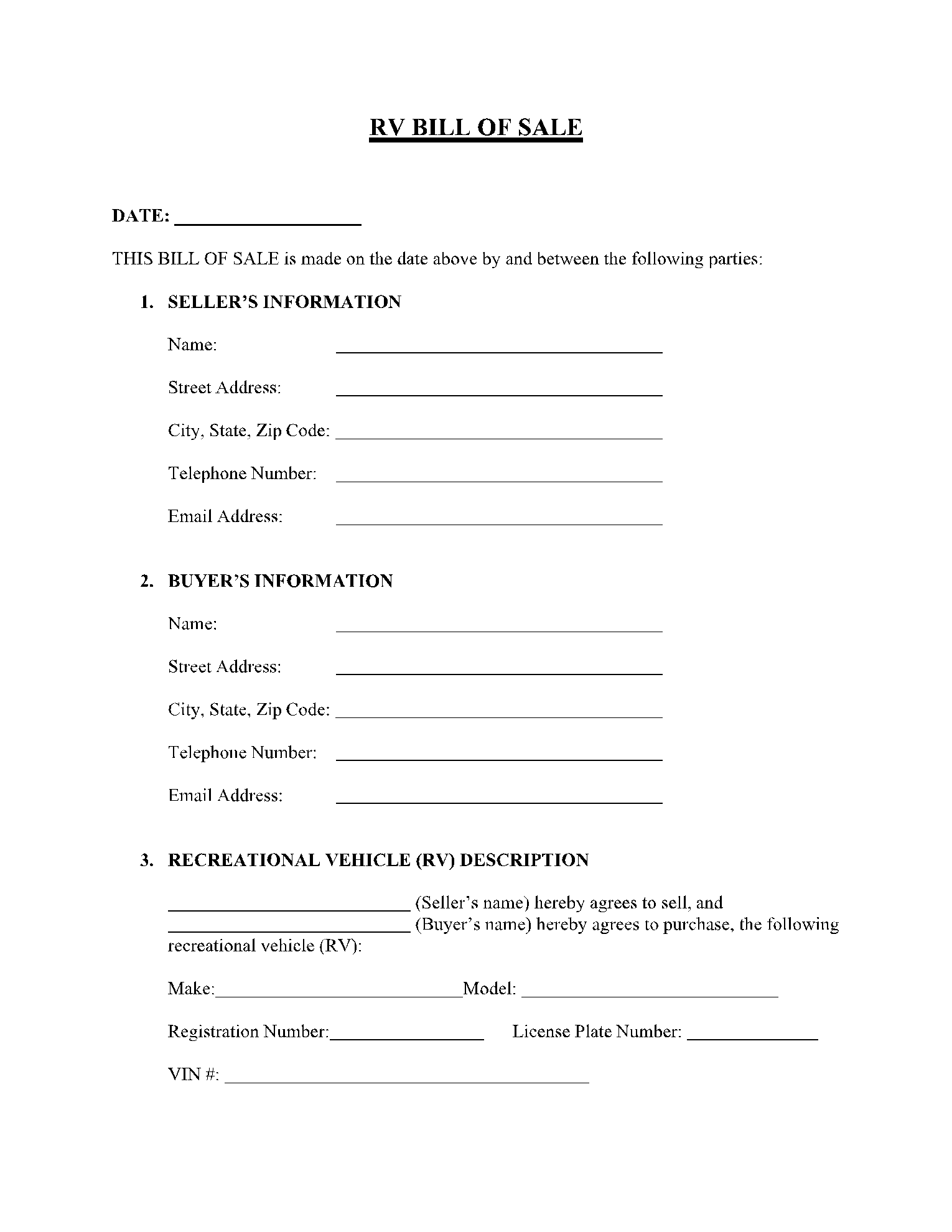 Free Recreational Vehicle (RV) Bill of Sale Template | CocoSign