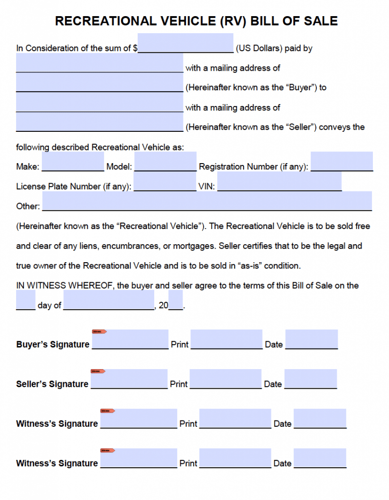 printable bill of sale camper