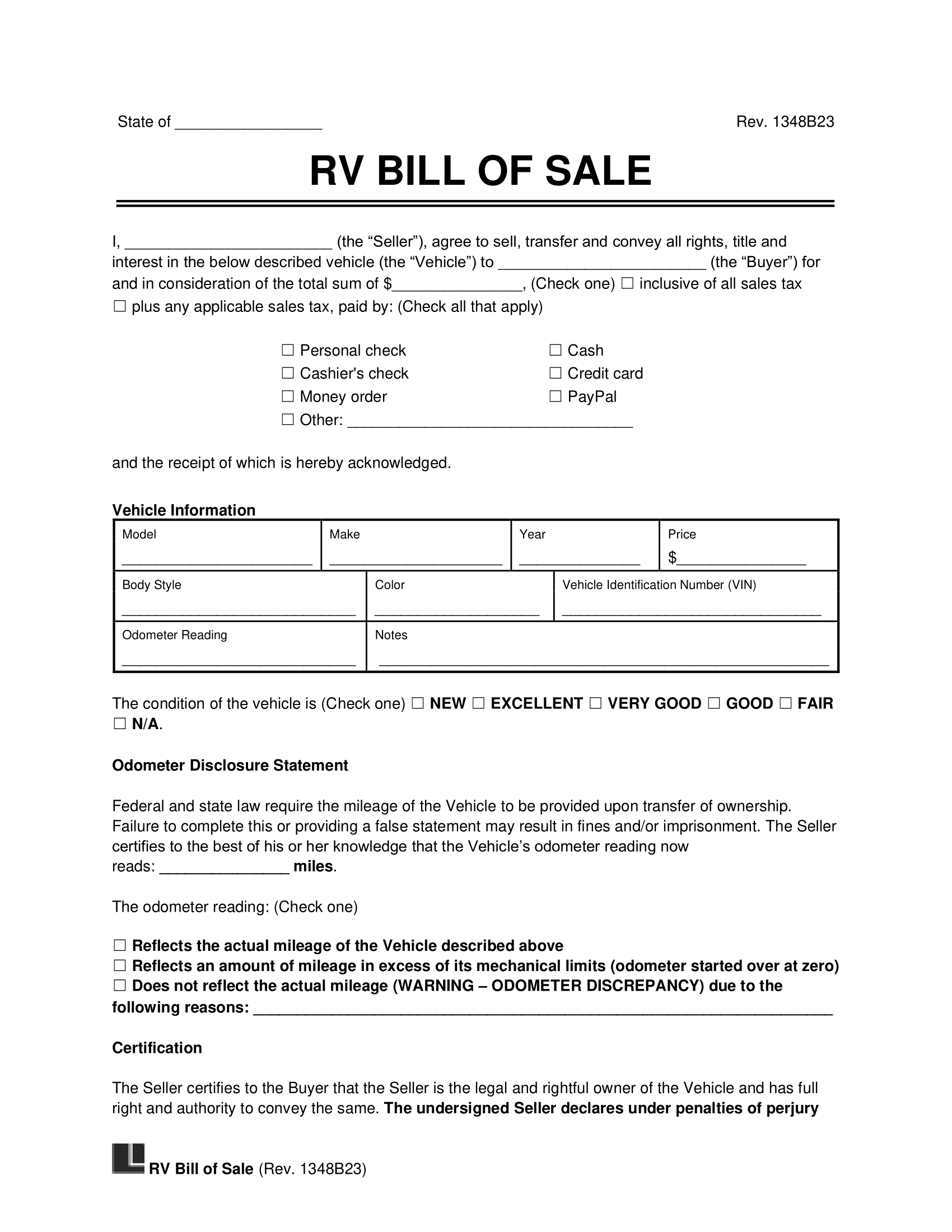 printable bill of sale camper