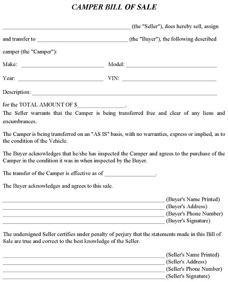 printable bill of sale camper