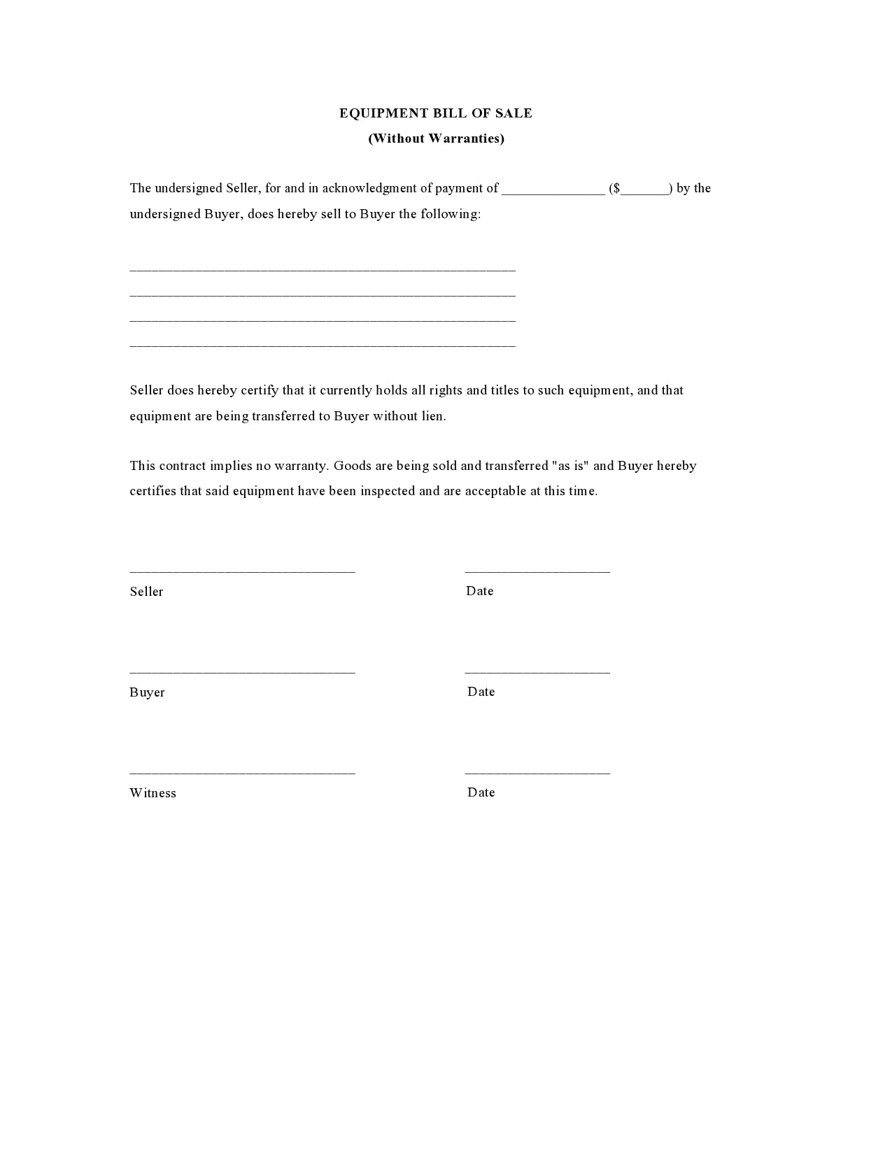 printable bill of sale equipment