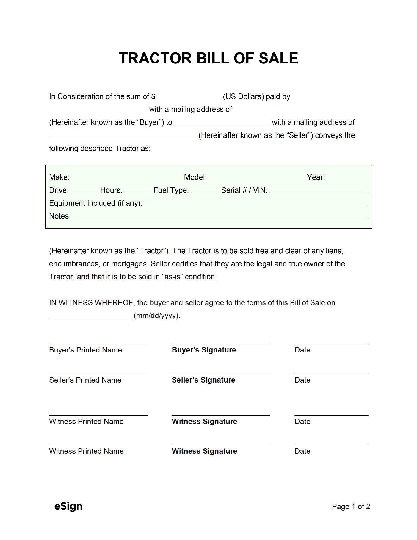 printable bill of sale equipment