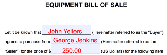 printable bill of sale equipment