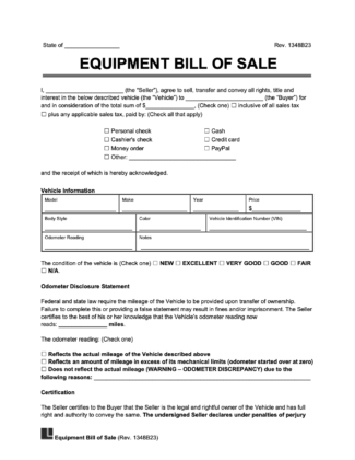 Free Equipment (Heavy/Farm) Bill of Sale Template | PDF &  Word