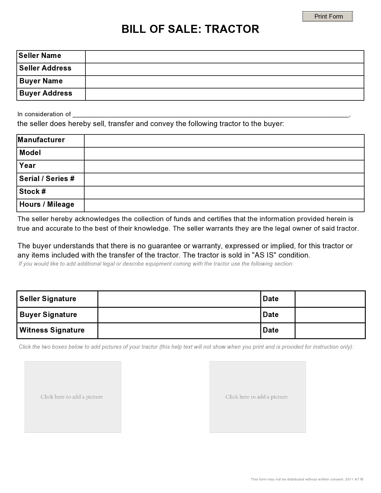 printable bill of sale equipment