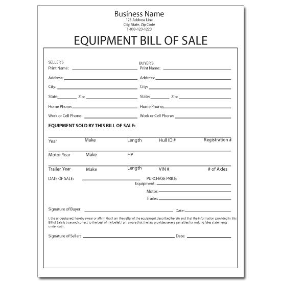 printable bill of sale equipment