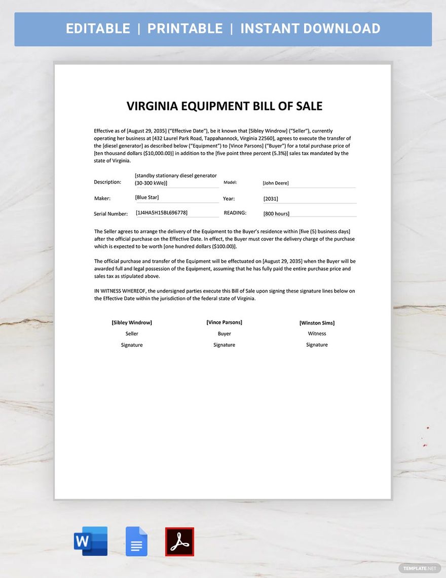 printable bill of sale equipment