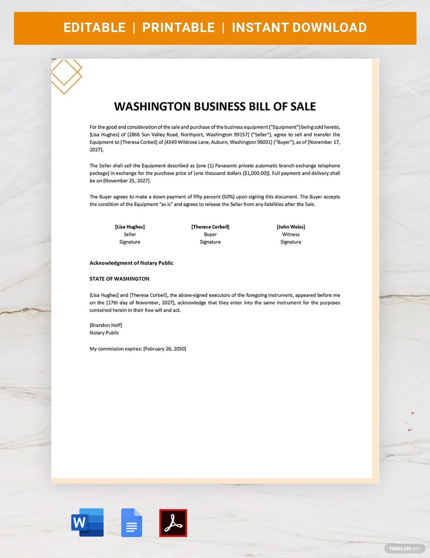printable bill of sale equipment