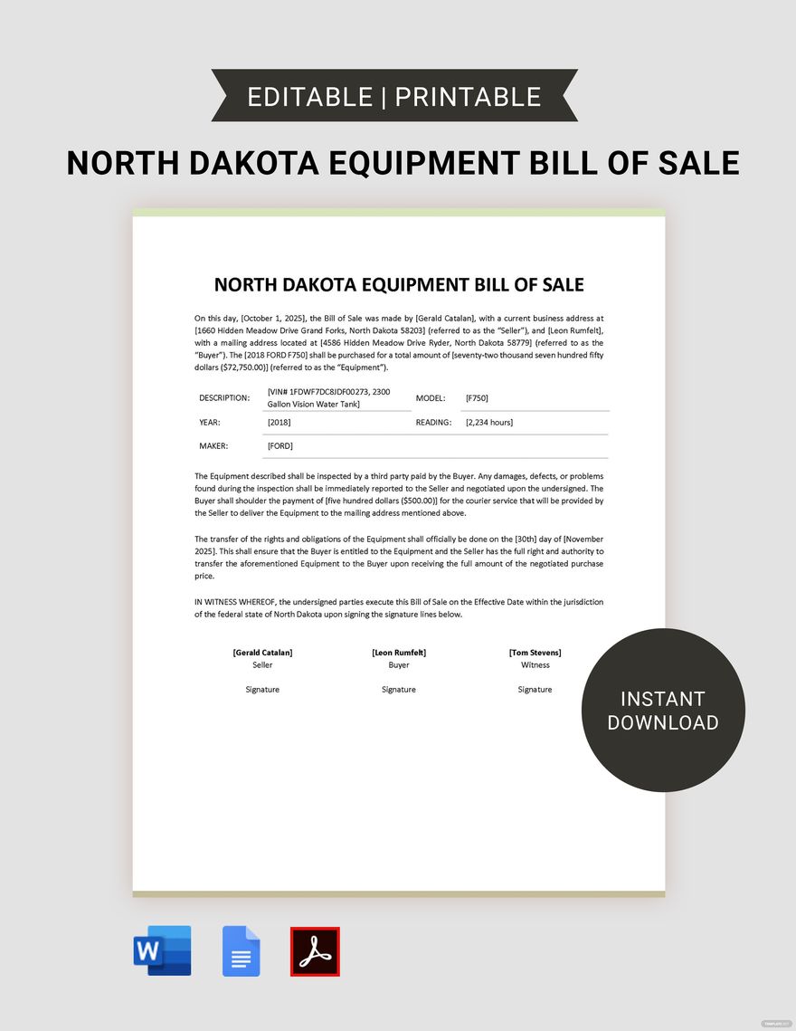 printable bill of sale equipment