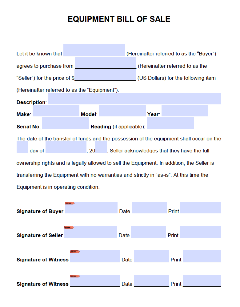 printable bill of sale equipment