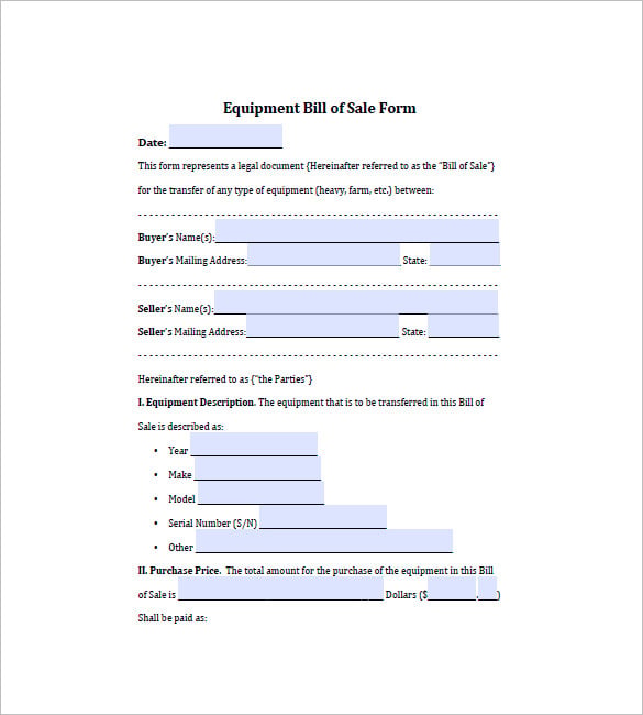 printable bill of sale equipment