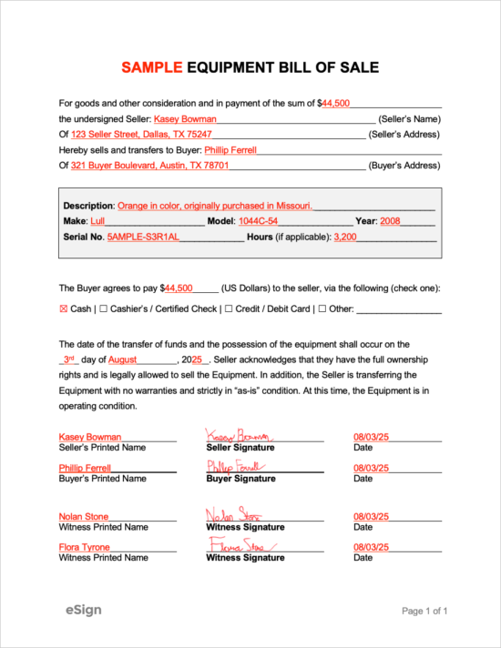 Free Equipment Bill of Sale Form | PDF | Word