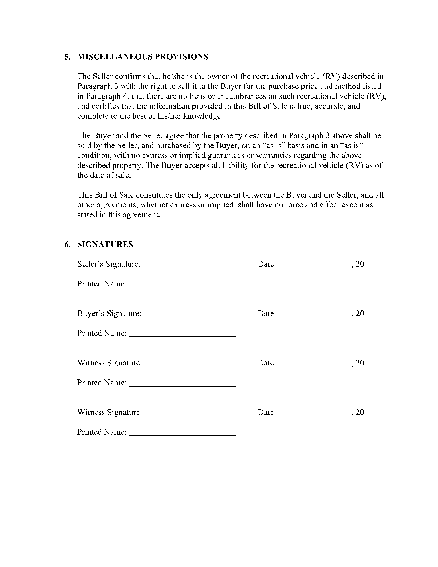 printable bill of sale for a camper