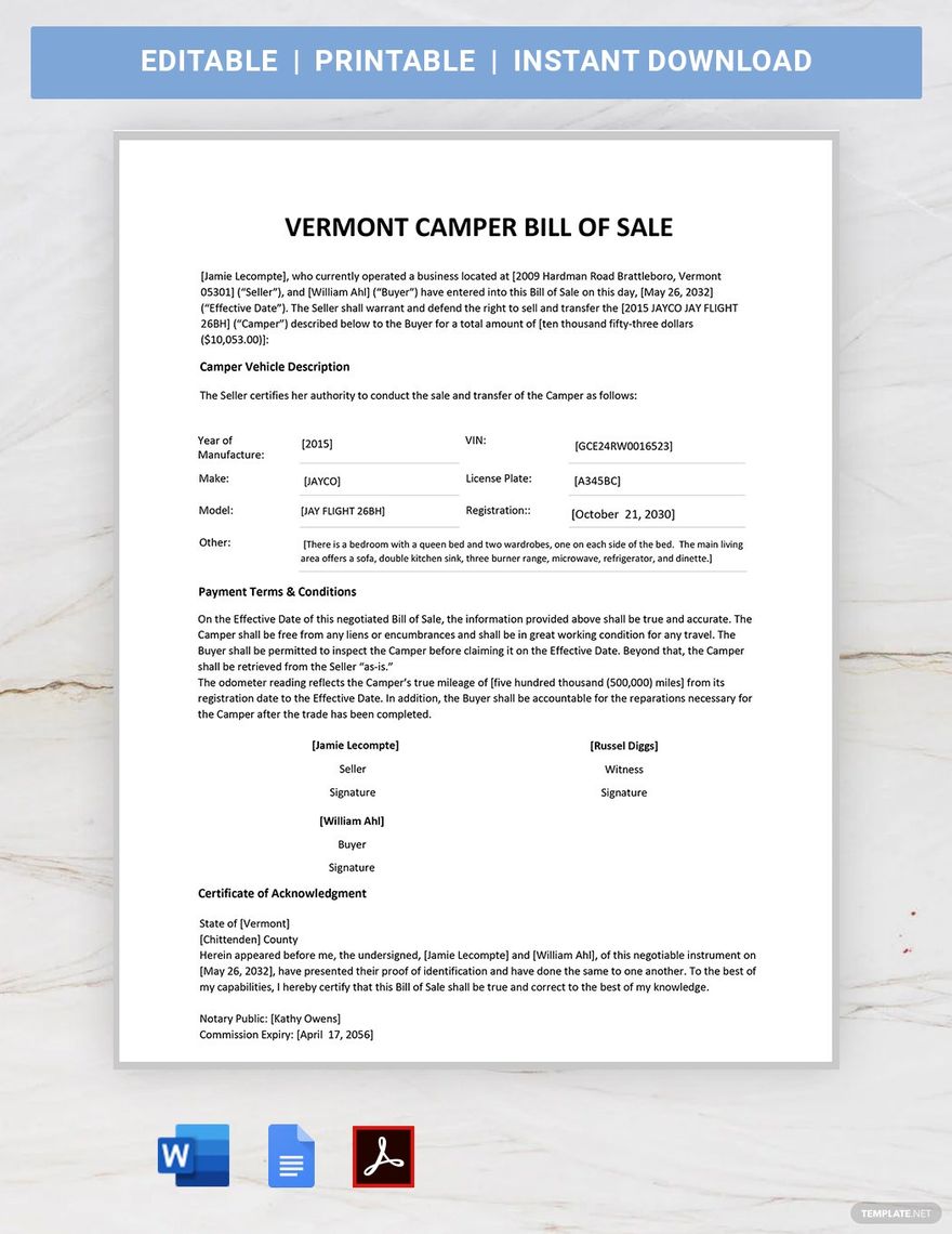 printable bill of sale for a camper