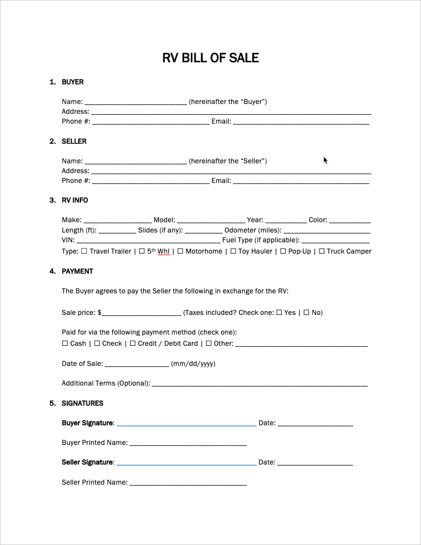 printable bill of sale for a camper