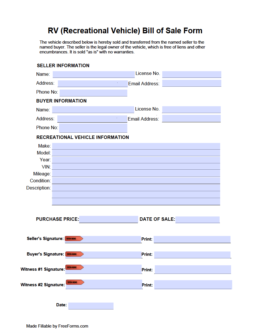 printable bill of sale for a camper