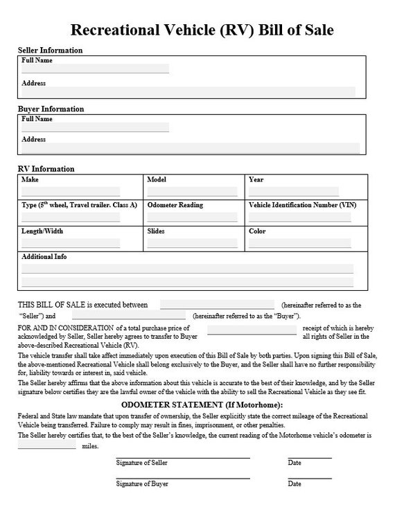 printable bill of sale for a camper