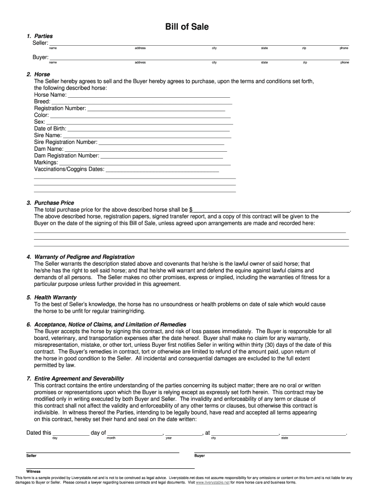 Blank Horse Bill Of Sale - Fill Online, Printable, Fillable, Blank ...