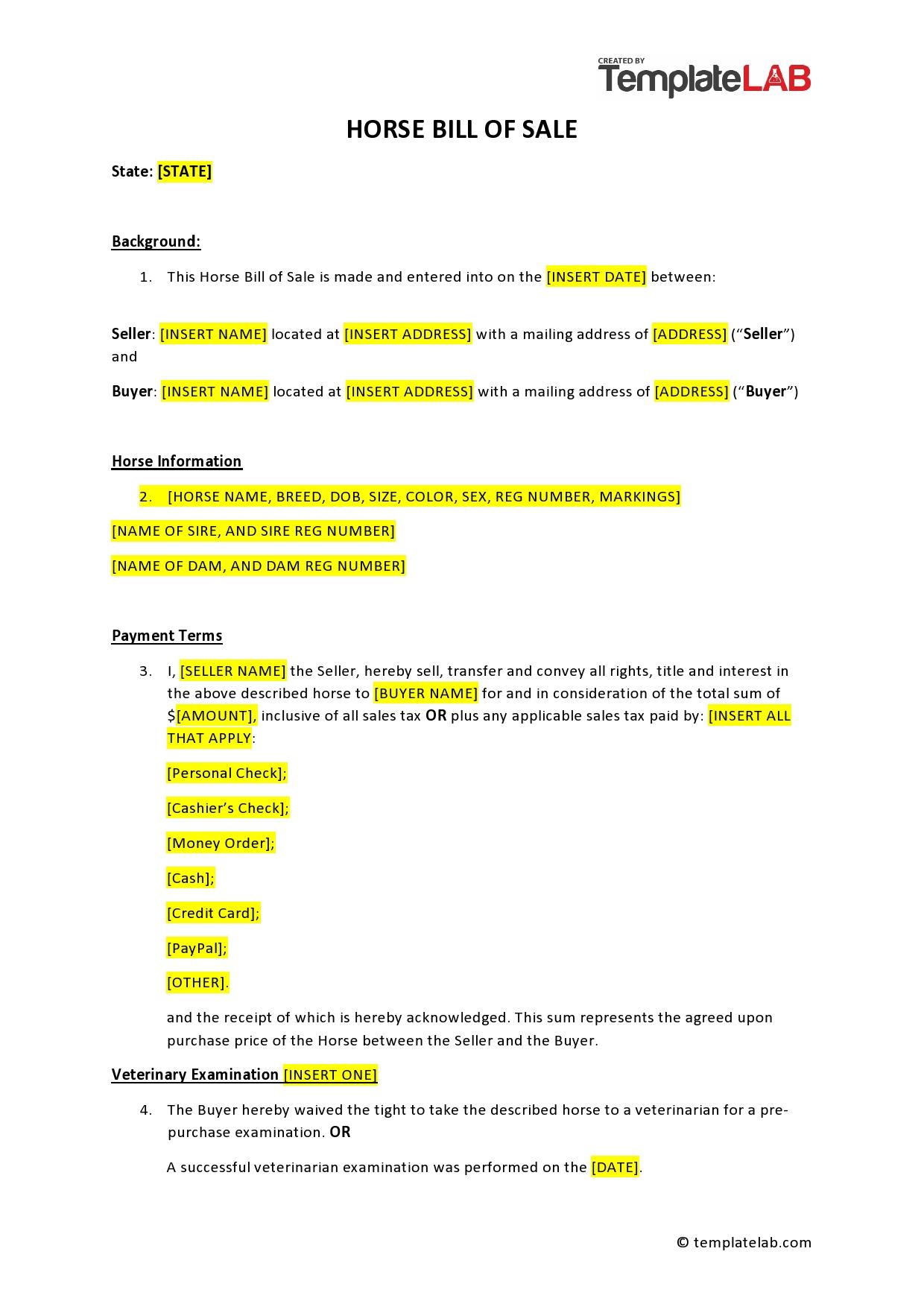 printable bill of sale for a horse