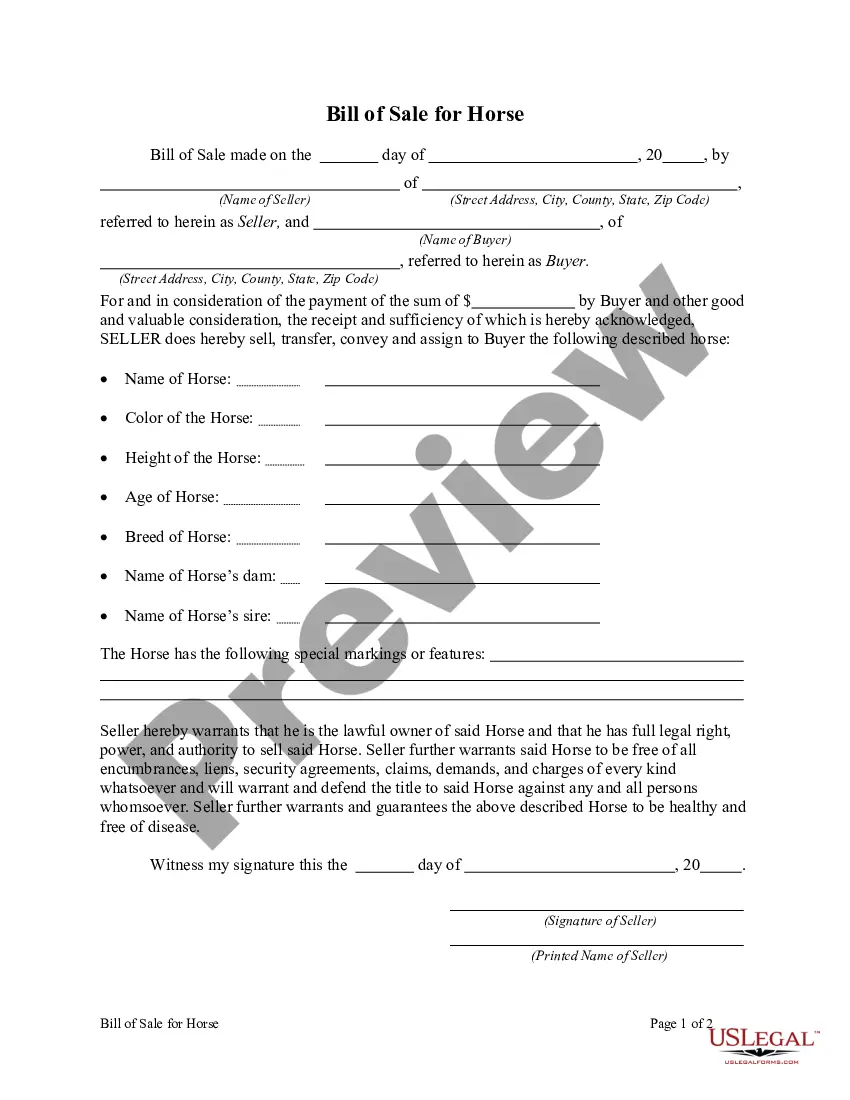 printable bill of sale for a horse