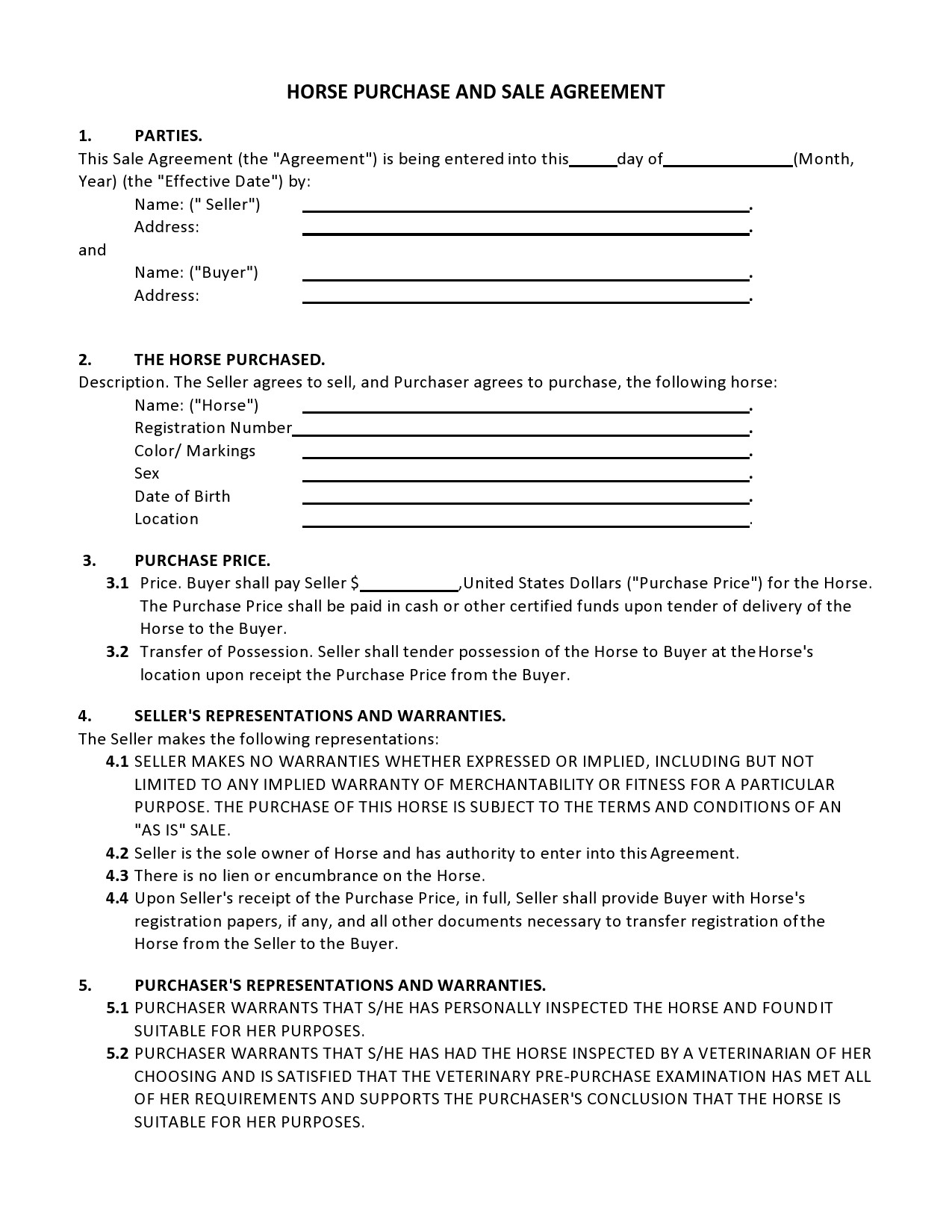 printable bill of sale for a horse