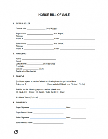 printable bill of sale for a horse