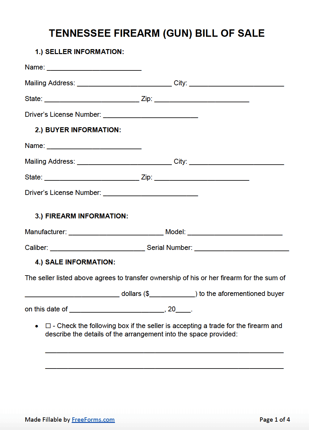 printable bill of sale for handgun