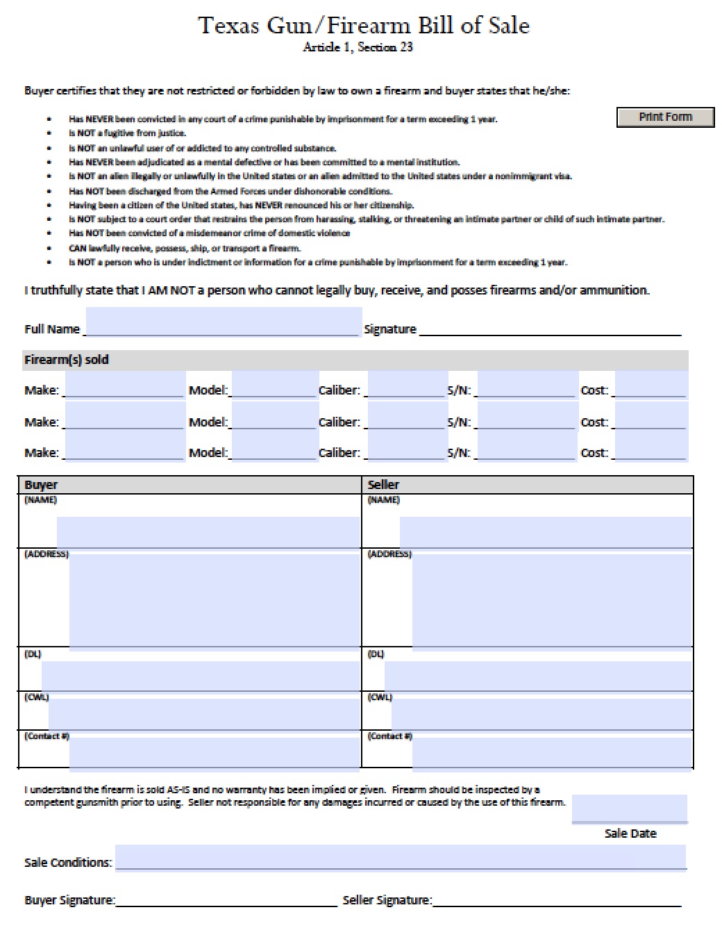 printable bill of sale for handgun