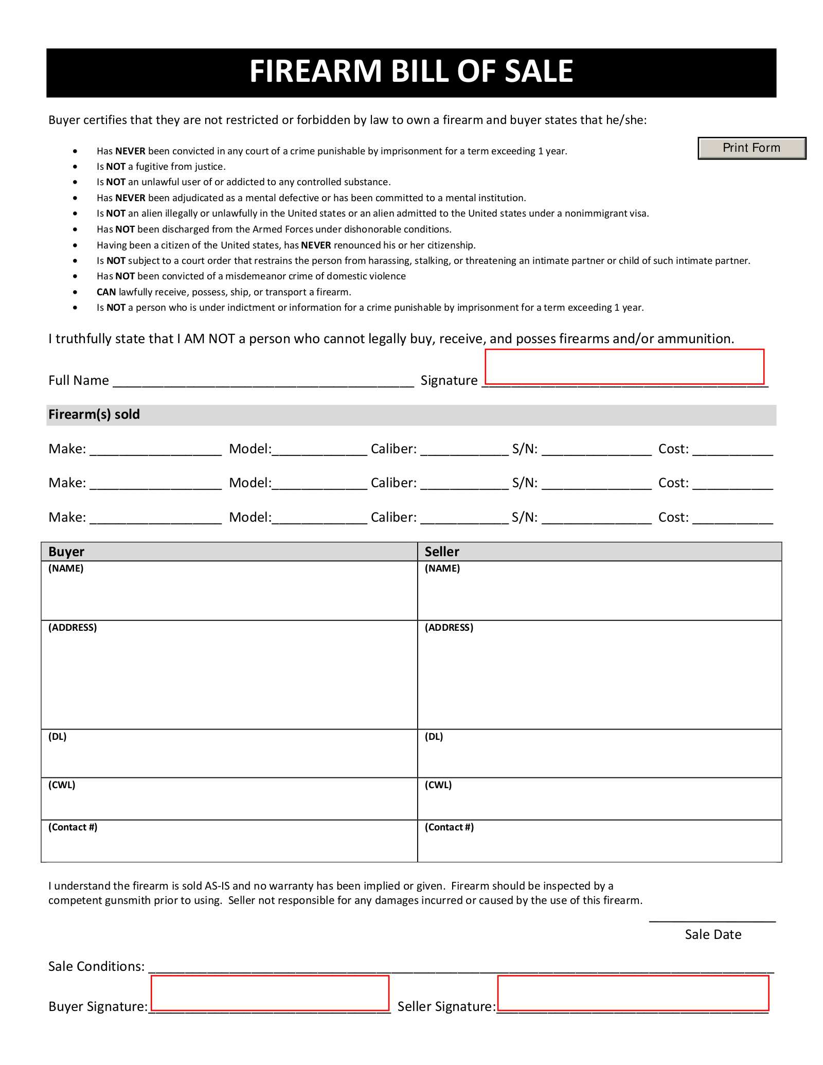 printable bill of sale for handgun
