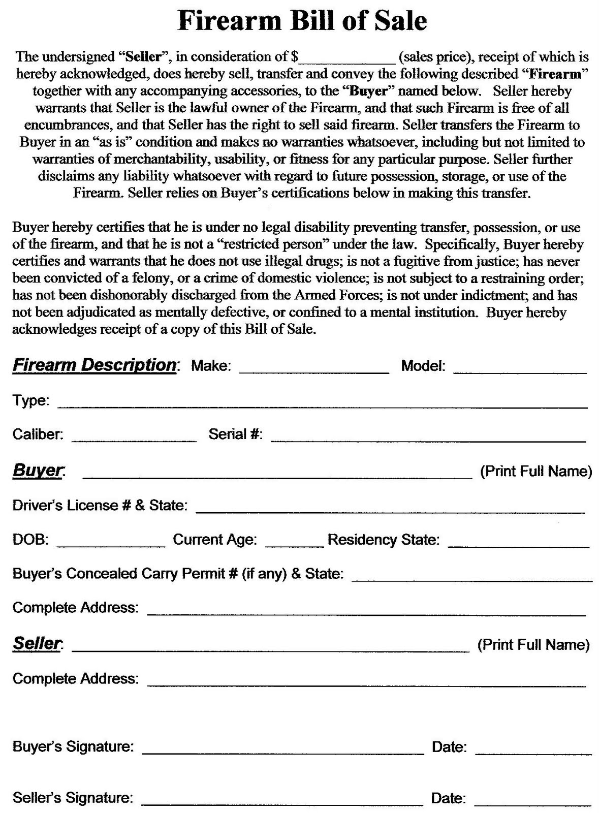 printable bill of sale for handgun