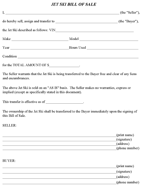 printable bill of sale for jet ski