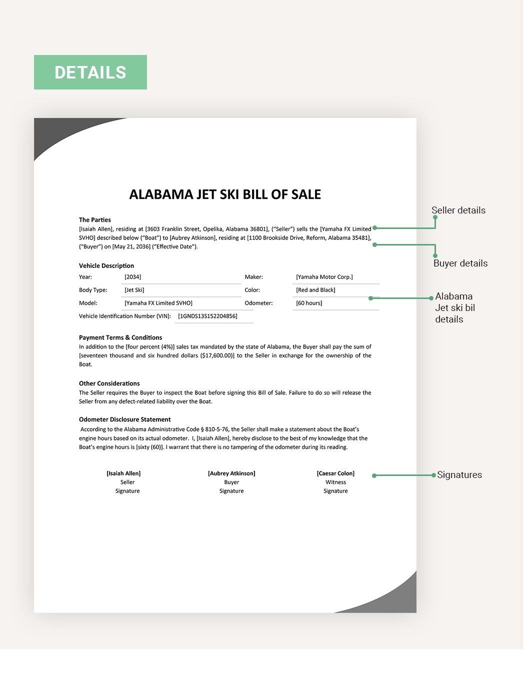 Alabama Jet Ski Bill Of Sale Form Template in PDF, Word, Google ...