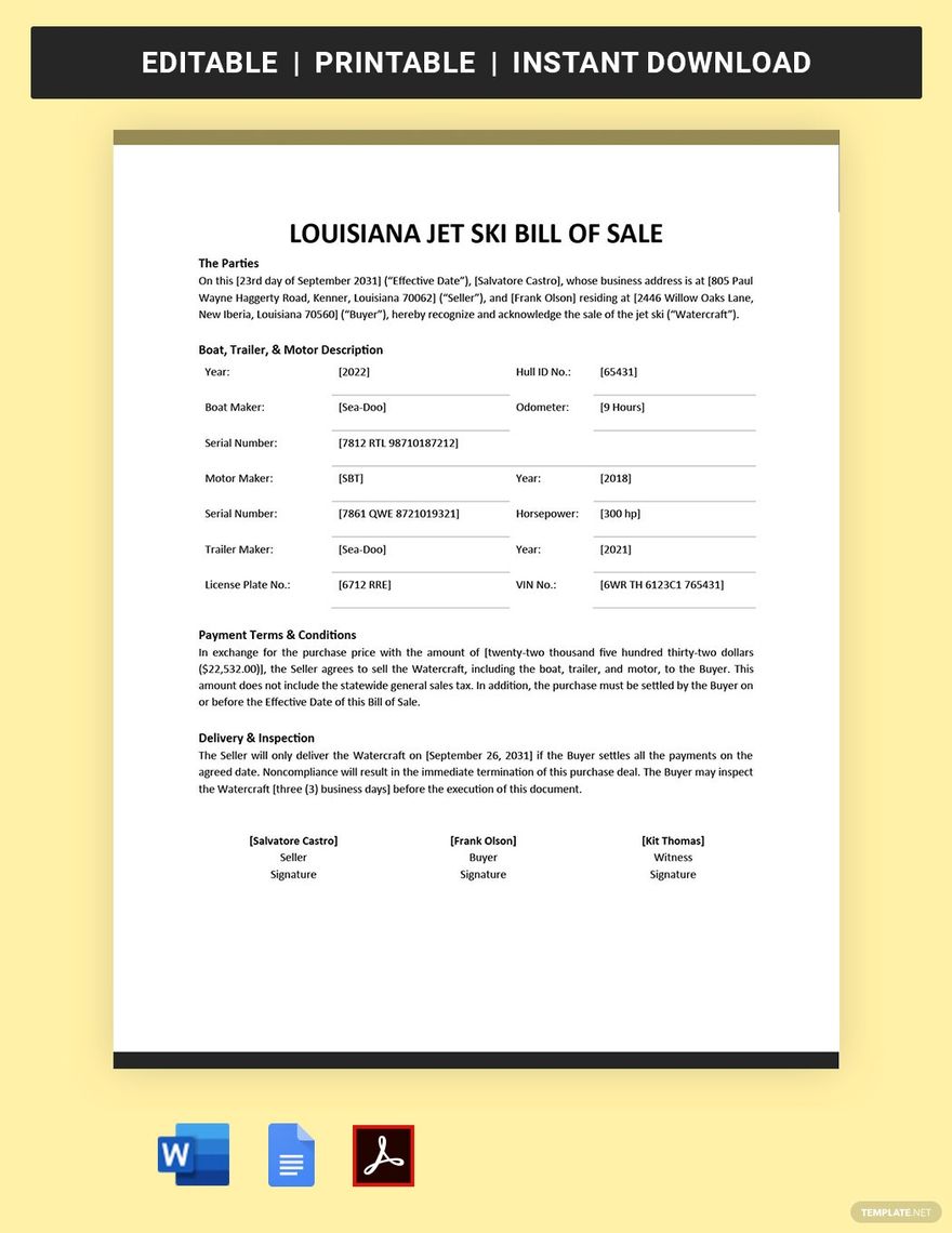printable bill of sale for jet ski