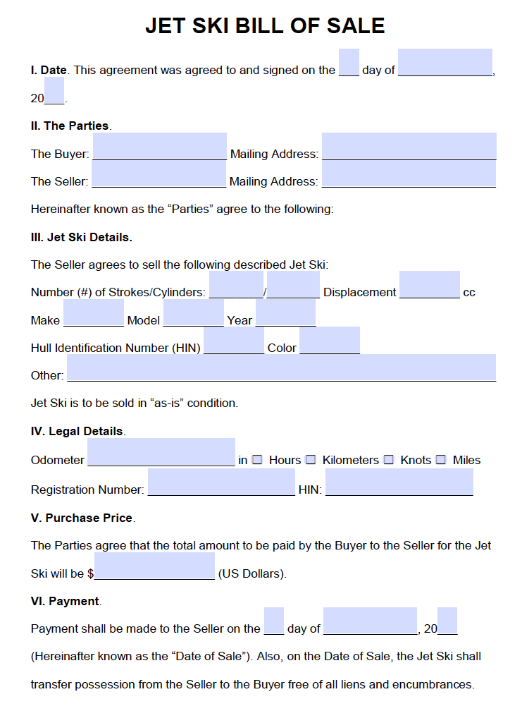 printable bill of sale for jet ski