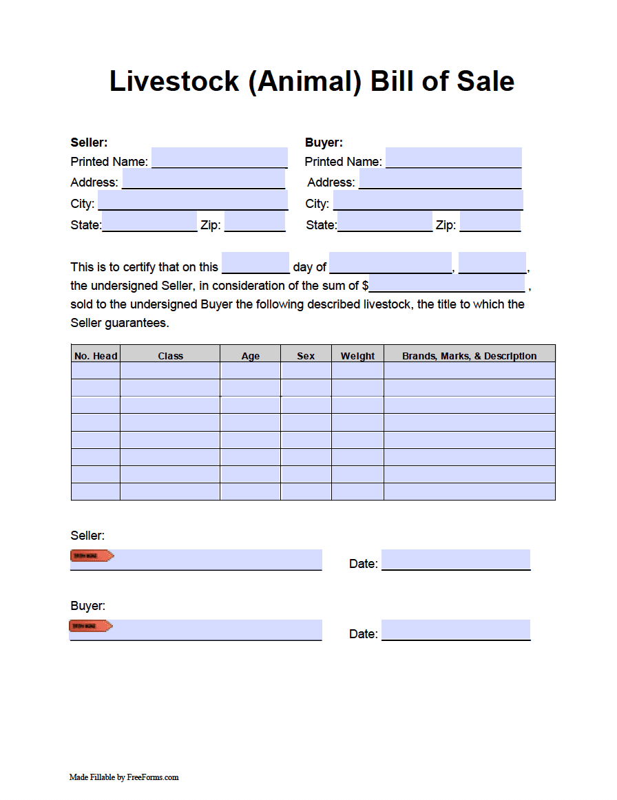 printable bill of sale for livestock