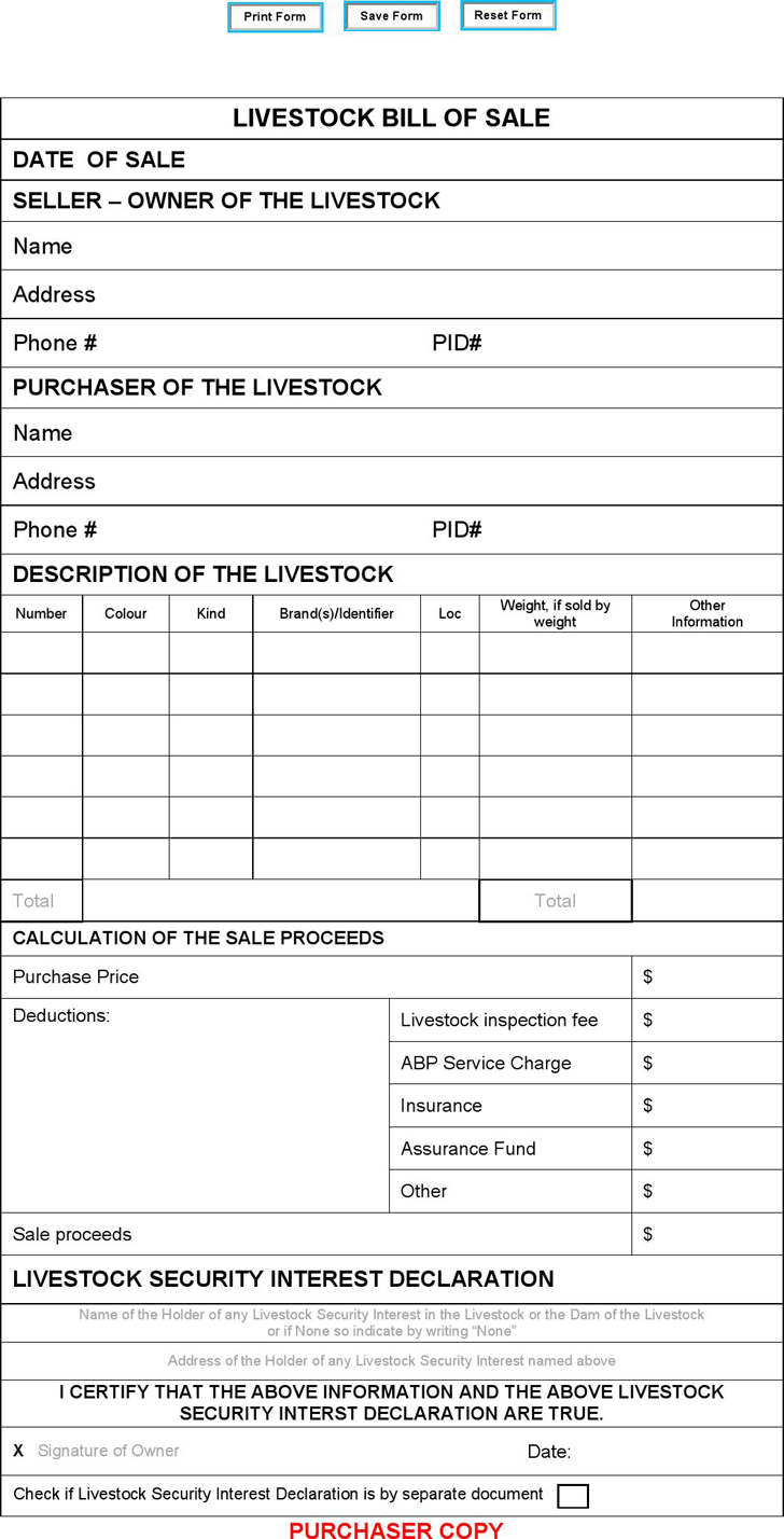 printable bill of sale for livestock