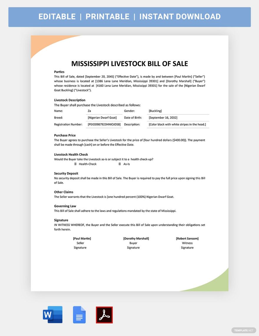 printable bill of sale for livestock