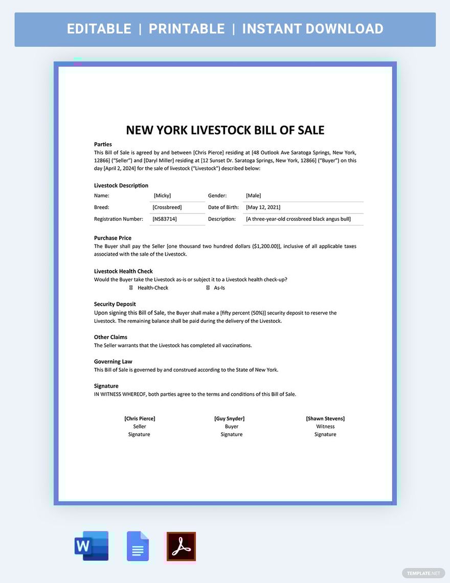 printable bill of sale for livestock