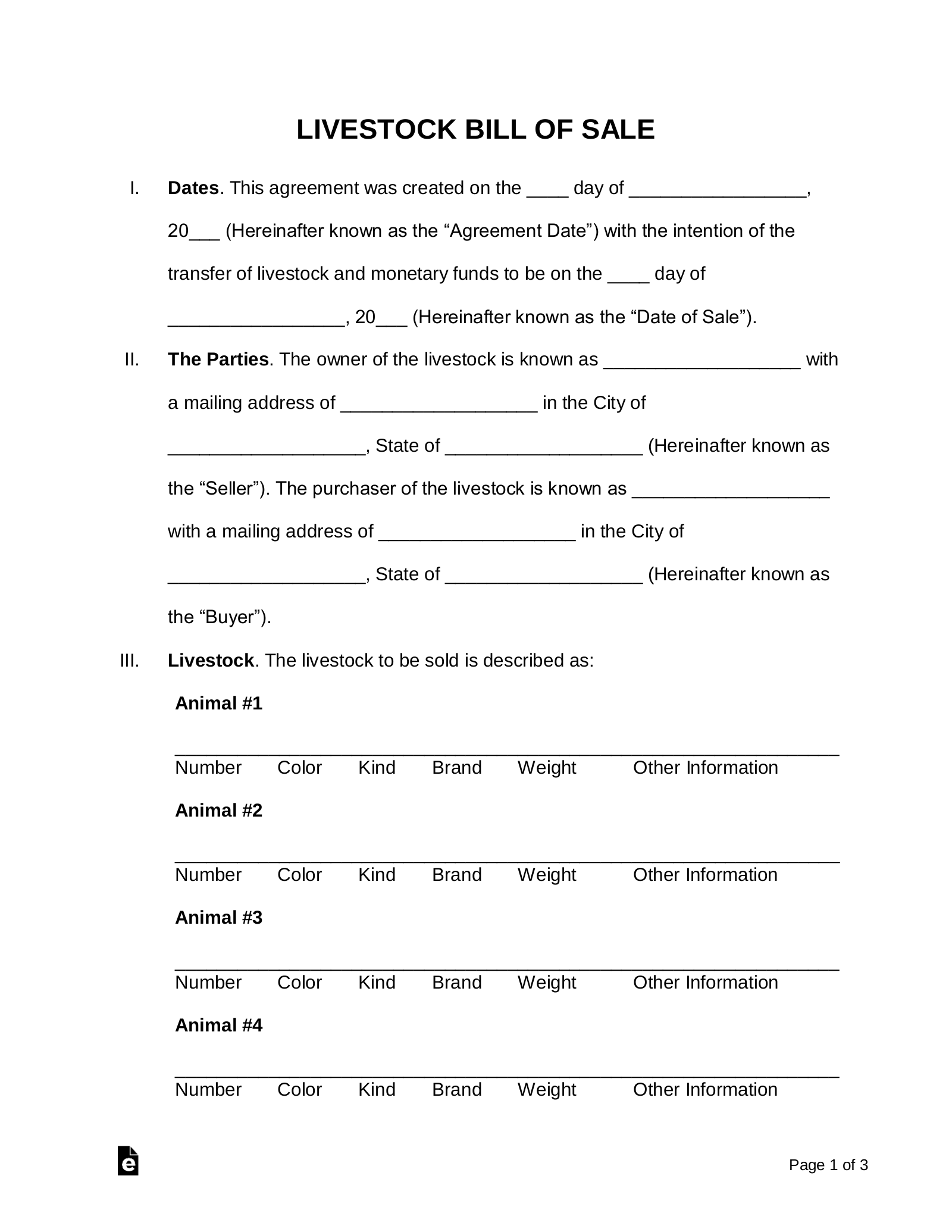 Free Livestock Bill of Sale Form - PDF | Word - eForms