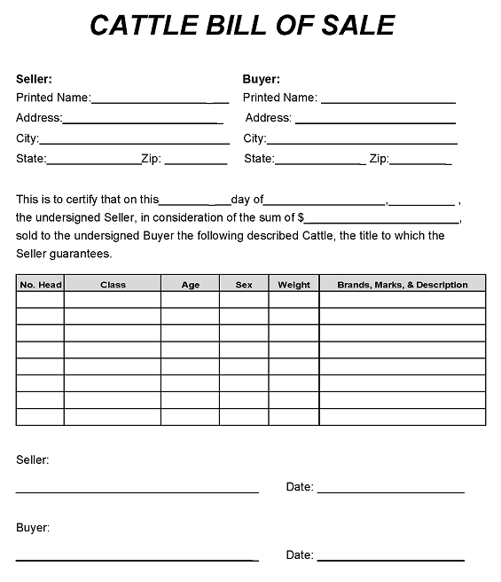 printable bill of sale for livestock