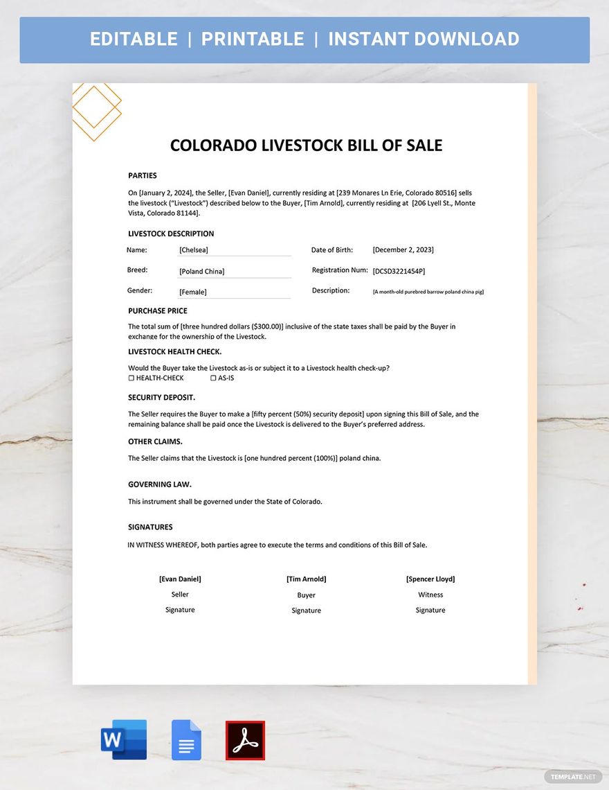 Colorado Livestock Bill of Sale Template in Portable Documents, MS ...