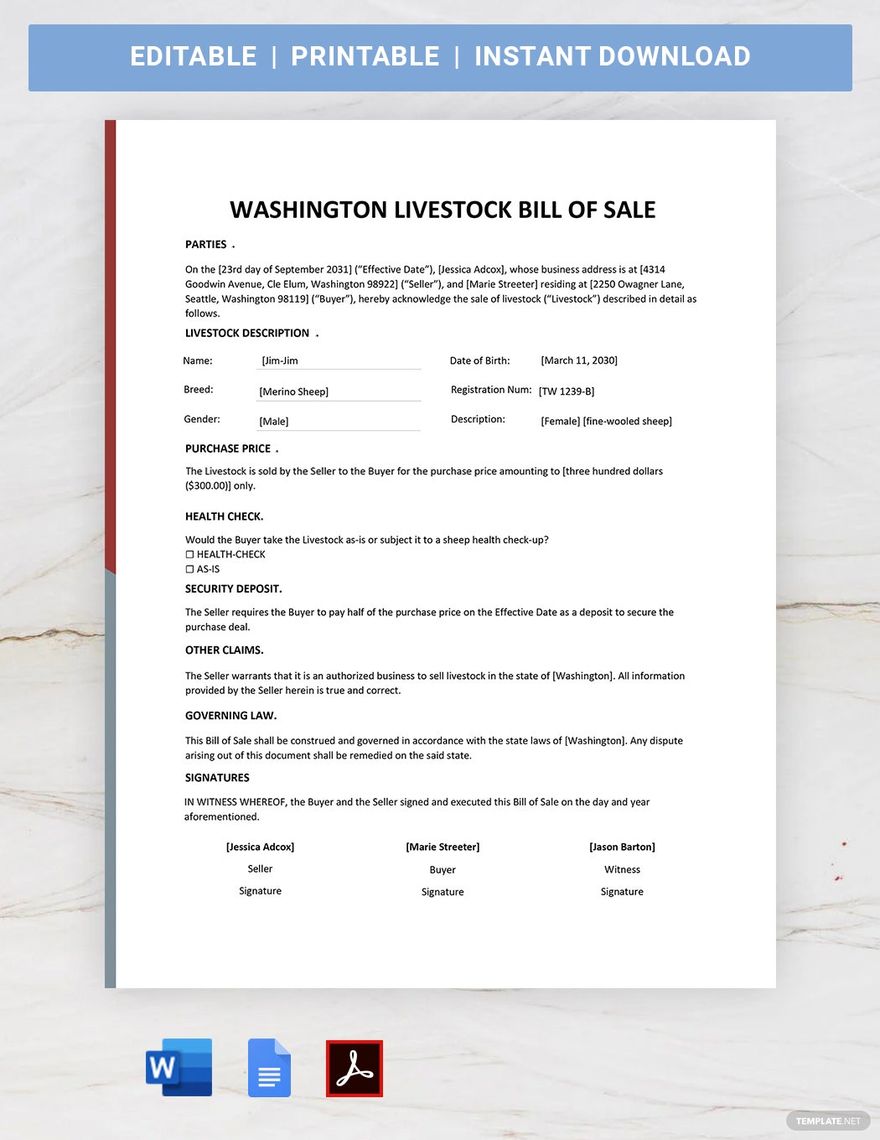 printable bill of sale for livestock