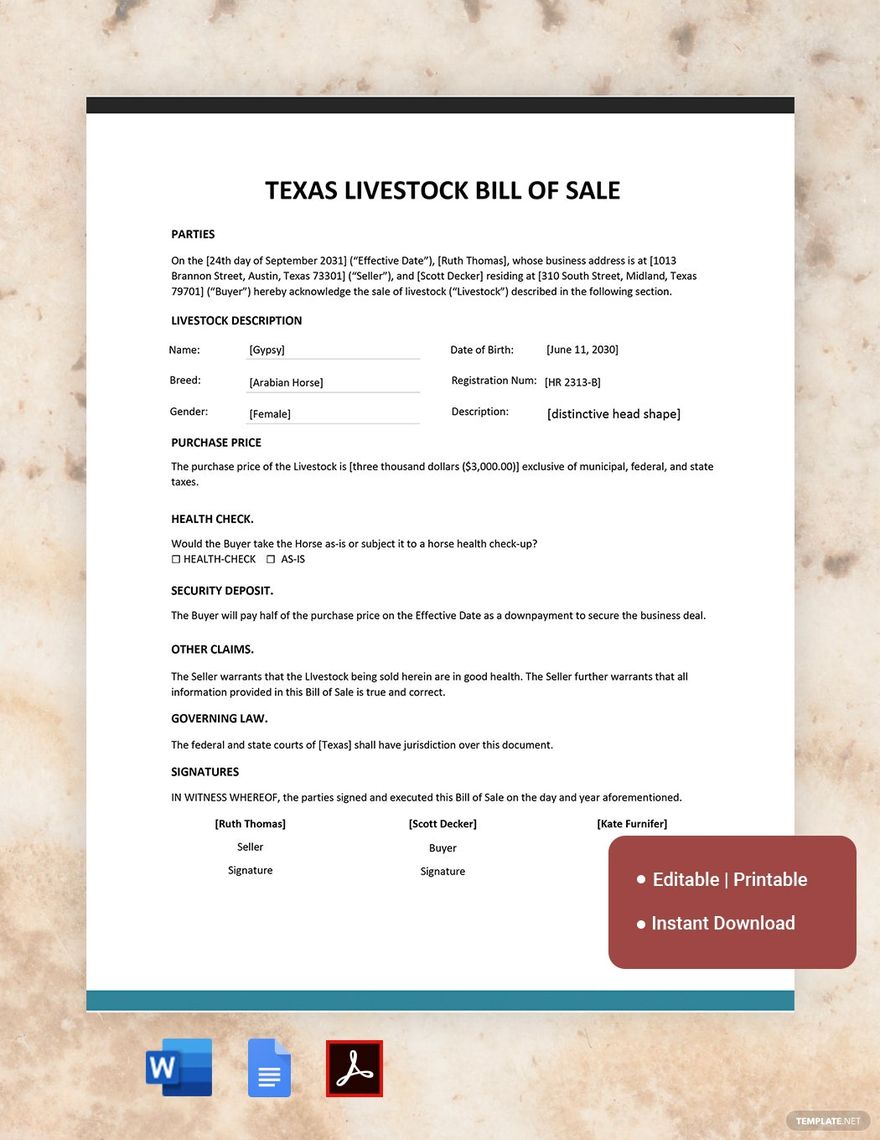 Texas Livestock Bill Of Sale Template in Portable Documents, MS ...