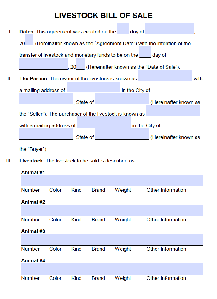 printable bill of sale for livestock