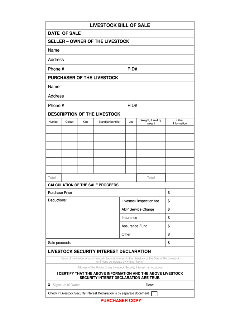 Printable Livestock Bill Of Sale - Fill Online, Printable ...