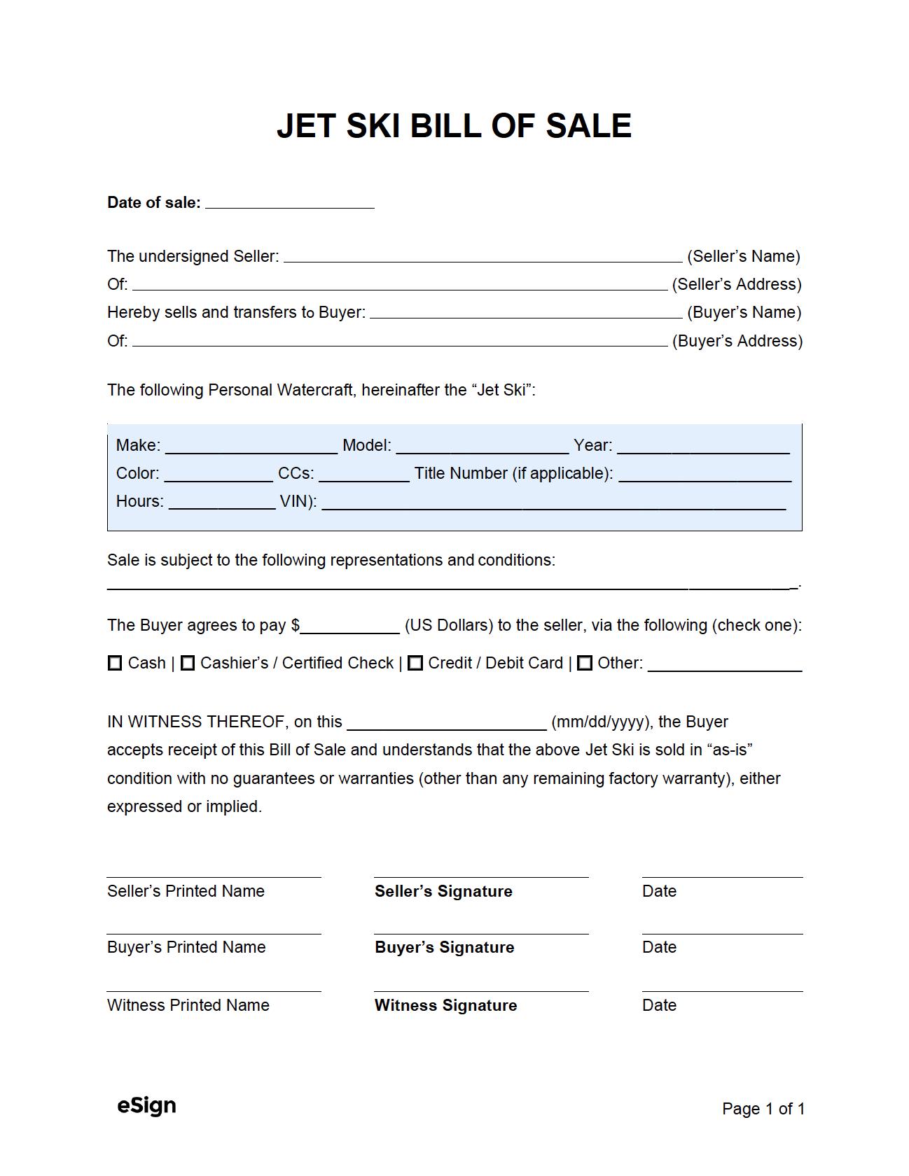 printable bill of sale for pwc