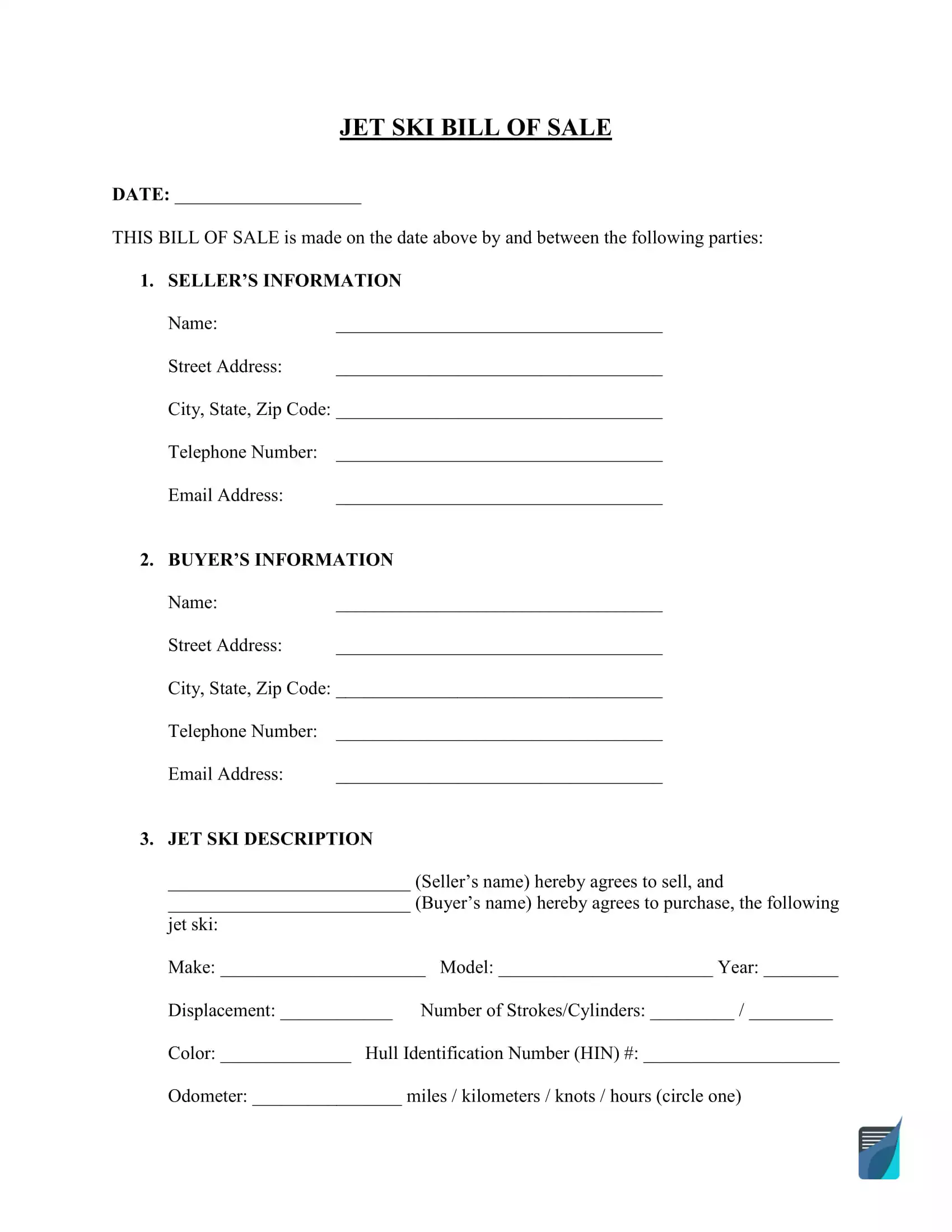 printable bill of sale for pwc