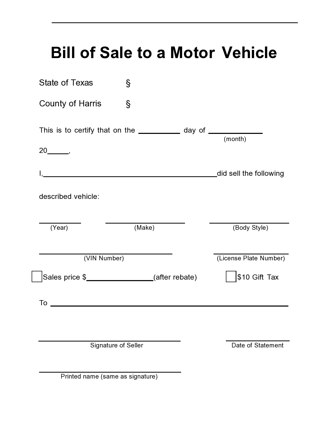 printable bill of sale for used vehicle